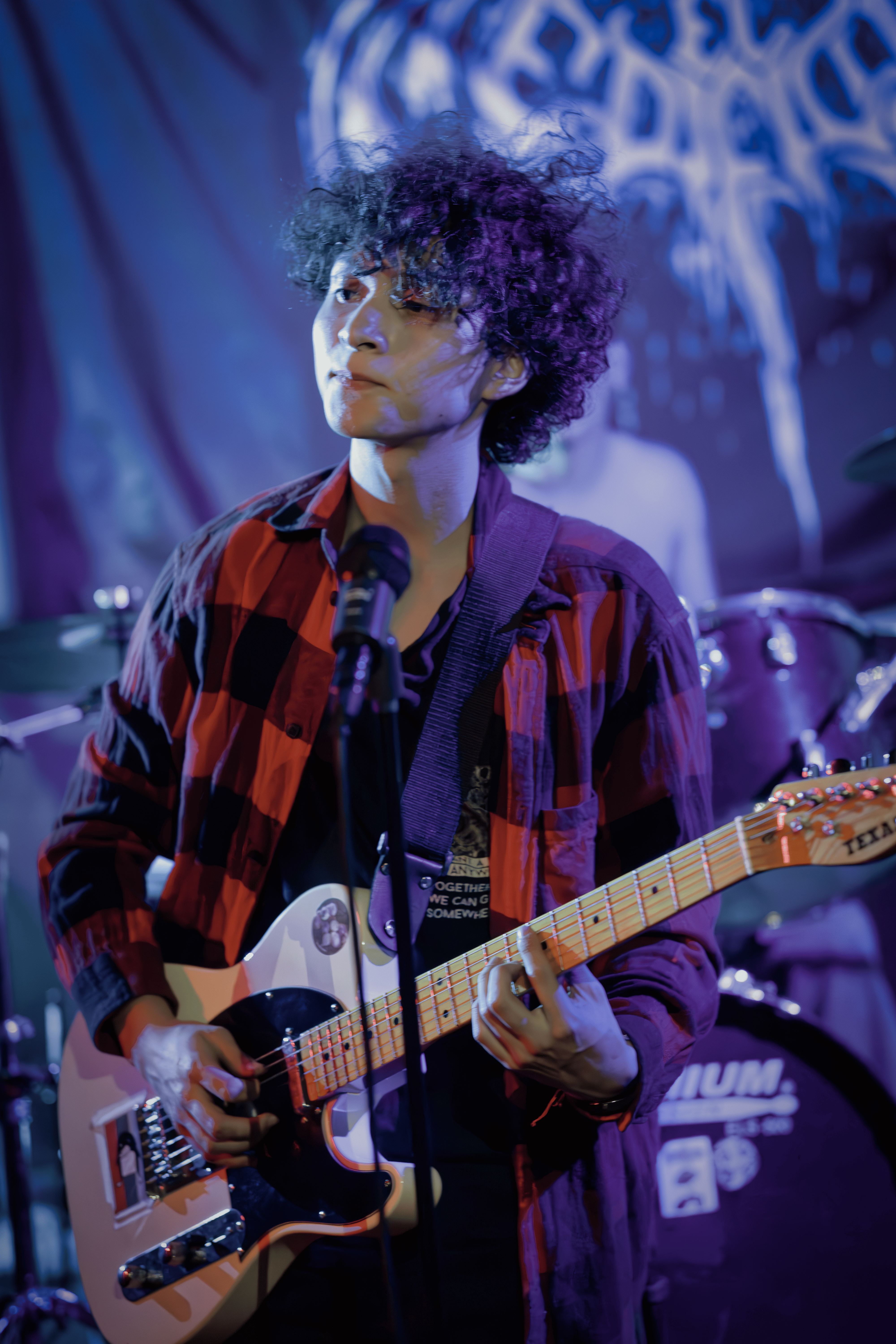 Guitarrista con camisa de cuadros rojos y Telecaster